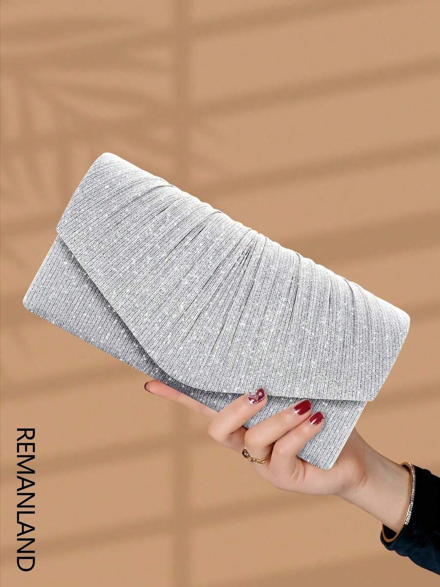 REMANLAND 1 件优雅褶皱亮面女士手提包，时尚奢华女士晚宴钱包，信封式手拿包，带隐藏式卡槽和隔层，可拆卸金属链条肩带，适合派对女孩、新娘、节日礼物、婚礼手拿包、派对包，完美搭配节日派对礼服、晚礼服和亮片连衣裙，是新年和其他场合的理想之选。情人节礼物，亮片