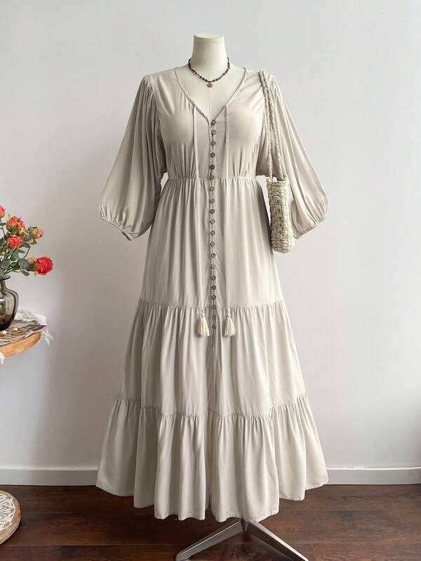 Rusttydustty Vestido bohemio minimalista vintage de manga 3/4 con cintura ceñida para mujer talla grande en color albaricoque