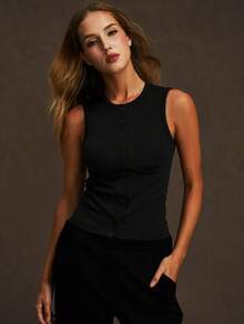 VVX 女士露脐背心外出纽扣马甲无缝罗纹衬衫可爱无袖夏季春季Y2K日常运动四季皆宜 - 黑色 - 查看 5