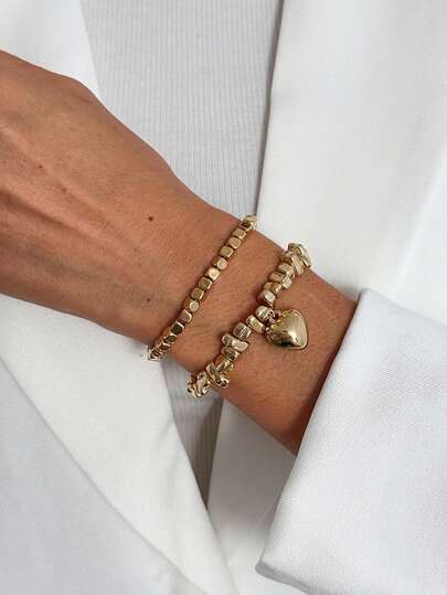 Set de 2 pulseras con colgante de corazón de cuentas CCB con diseño geométrico cuadrado, joyería de moda elegante para vacaciones, fiestas, uso casual, estilo callejero, bodas, parejas, cumpleaños, regalo versátil para ella