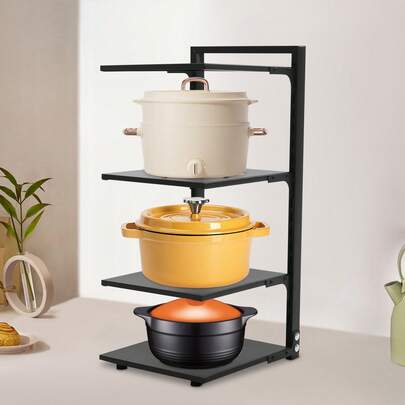 Pots And Pans Organiser Rack, 4 Tier Pan Organiser For Cupboard, Saucepan Storage Organizer Rack For Kitchen Counter Cabinet, Black