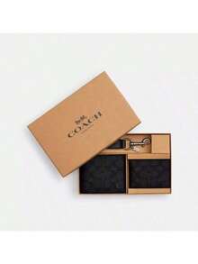 Coach 盒装三合一钱包礼品套装男士真皮钱包带身份证窗口，RFID 屏蔽双折时尚钱包带扳机钥匙扣 - 炭黑色 - 查看 4