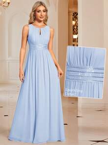 浪漫雪纺露背荷叶边浅蓝色伴娘礼服，婚礼宾客半正式礼服 - 淺藍色 - 查看 10