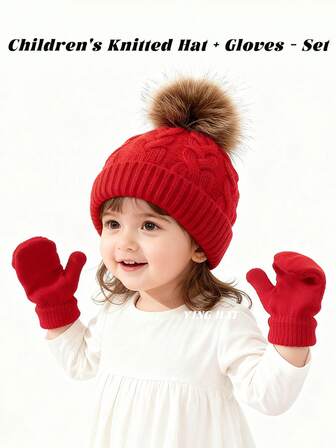 2 件套幼儿绒球装饰麻花针织帽 + 纯色针织手套套装，简约可爱的服装，适合新年、圣诞节、日常穿着、节日礼物