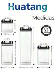 HuaTang Super Calidad Almacenamiento Juego de 7 Recipientes Hérmeticos de Plástico Premium Libres de BPA para Almacenamiento de Alimentos, en 4 Tamaños con Tapas Faciles de Abrir, para Especias, Cereales y mas (Tapa Negra) - Transparente - Ver 4