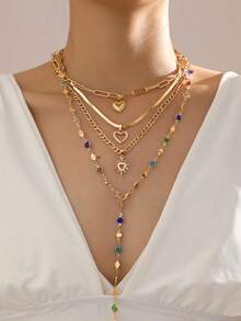 4 قطع مجموعة قلادات للنساء، قلادة على شكل حرف Y، قلادات متداخلة، تصميم أنيق وعتيق، سلسلة عظم الثعبان مجوفة على شكل قلب، مجموعة قلادات على شكل Y مزينة بكريستال ملون لامع، مناسبة للأعياد والحفلات والمناسبات اليومية