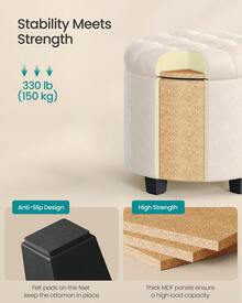 SONGMICS Round Ottoman, Ottoman With Storage, 17.7 X 17.7 X 17.5 Inches, Foot Rest With Legs, Velvet, Load Up To 330 Lb, For Living Room, Bedroom - White - View 3