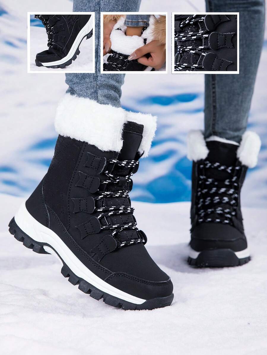 Botas de nieve para mujer, con patrón texturizado cálido, deportes al aire libre con cordones, zapatos antideslizantes y mullidos para uso interior y exterior, invierno