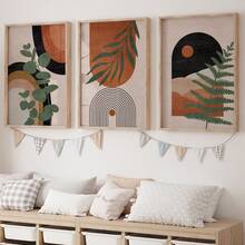 3pcs/Set Abstract Nature Oil Painting Print - Desert And Palm Leaves, Mid-Century Modern Bohemian Decor Suitable For Home Decor, Room Decor, Bedroom Decor, Living Room Decoration, Bathroom Decor, Wall Decor, Optional Wall Art With Frame