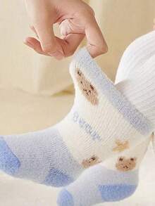 3 Pairs Baby Cotton Socks, Blue Bear Design, Thick & Warm, Autumn/Winter - Multicolor - View 3