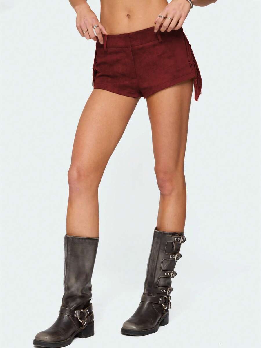 Women Faux Suede Fringe Mini Shorts Y2K Low Rise Tassel Side Micro Shorts Vintage Western Cowgirl Outfit Streetwear - 酒紅色 - 查看 1
