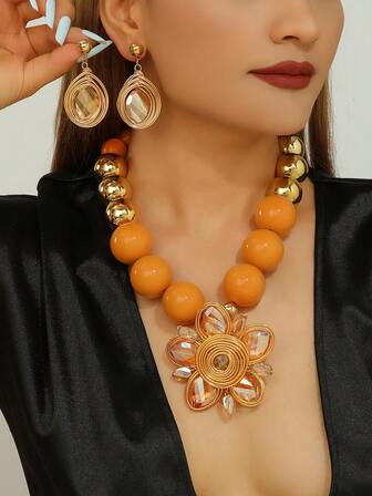 1 Set Exaggerated Multi-Layer Handmade Aluminum Wire Woven Beaded Artificial Crystal Vintage Chic Bohemian Necklace & Earrings Set, Suitable For Party, Holiday, Beach, African, Middle Eastern Style