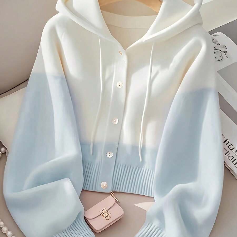 Women's Gradient Color-Block Hooded Sweater Cardigan - Cropped Button-Front Jacket With Chest Pocket, Medium Stretch For Fall/Winter Layering, Soft White To Tones (Office To Casual Outfits) - Easy-Care Sweater Gym Clothes Women Leggings Winter Clothes For Women Glowmode - Sky Blue - 查看 1