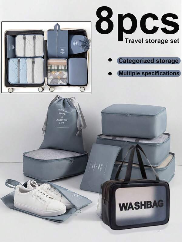 8pcs/Set Travel Organizer Bag Set, Large Capacity Waterproof Luggage Bag, PVC Cosmetic Bag, Skincare Products Organizer, Foldable Luggage Organizer Bag, Underwear Bag, Shoe Bag, Drawstring Bag, Toiletry Bag, Suitable For Makeup Brushes, Sanitary Napkins, Lipstick, Eyeliner, Lip Gloss, Skincare, Toothbrush, Soap, Shampoo, Comb, Watch, Phone, Necklace, Jewelry, Electronics