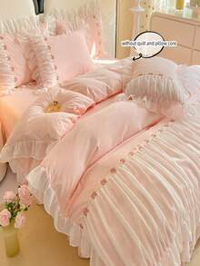 3pcs Korean Princess Style Lace Bedding Set, Whitebowknotw Decor Duvet Cover And Pillow Shams - Pink - View 4