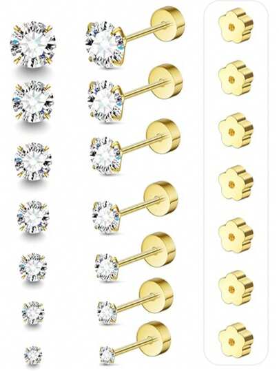 7 Pairs 20G Flat Back Stud Earrings For Women Men Hypoallergenic 14K Gold Plated Surgical Steel Stack Cartilage Earrings For Multiple Piercing Sensitive Ears Bonus Plum Blossom FlatBack Studs CZ 2-8mm