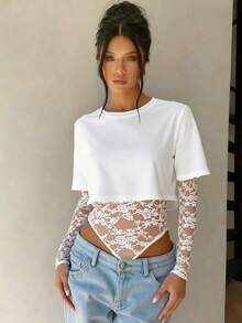 1件纯色针织面料二合一蕾丝拼接透视连体衣，性感适合单身派对和约会，白色夏季优雅款 - 白色 - 查看 2