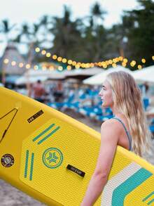 YHW-SURF 1 Set Yellow Inflatable Stand Up Paddle Board, Includes Full Accessories: Hand Pump, Detachable Paddle, Leash, Backpack, Removable Fin And Repair Kit