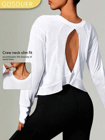 GOSOUER Tricou sport pentru femei, cu elasticitate ridicată, fără spate, pentru yoga, guler rotund, mânecă lungă, lejer, bluză