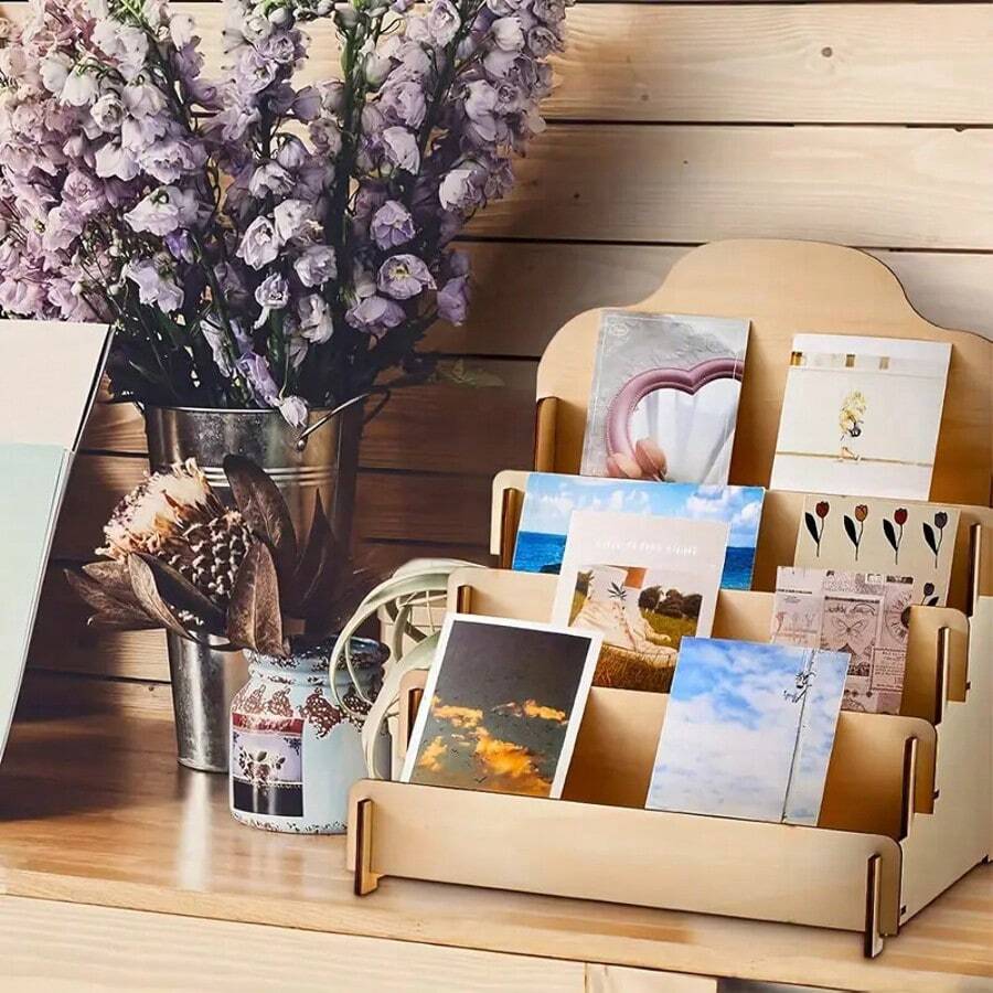 1pc 4-Tier Wooden Card Display Stand - Trapezoid Poster, Desktop Cosmetic Organizer, Office Note Holder, Business Card Rack And Christmas Card Display