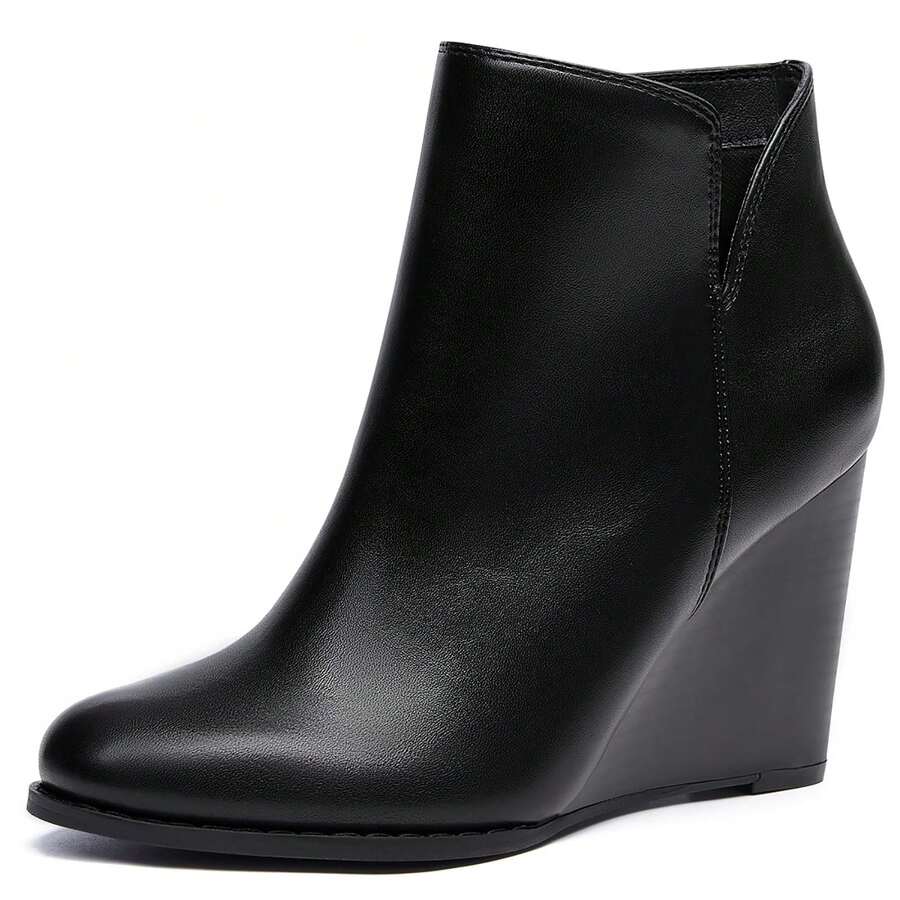 Coutgo Womens V Cut Wedge Ankle Booties Zip-Up Closed Toe Stacked Heel Faux Suede Winter Boots - 黑色2 - 查看 1