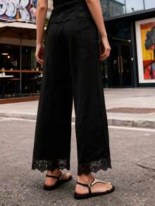 Womens Spring Fall Pants Lace Trim Casual Loose Fit Stylish Solid Color Mid Rise Straight-Leg Trousers - Black - View 6