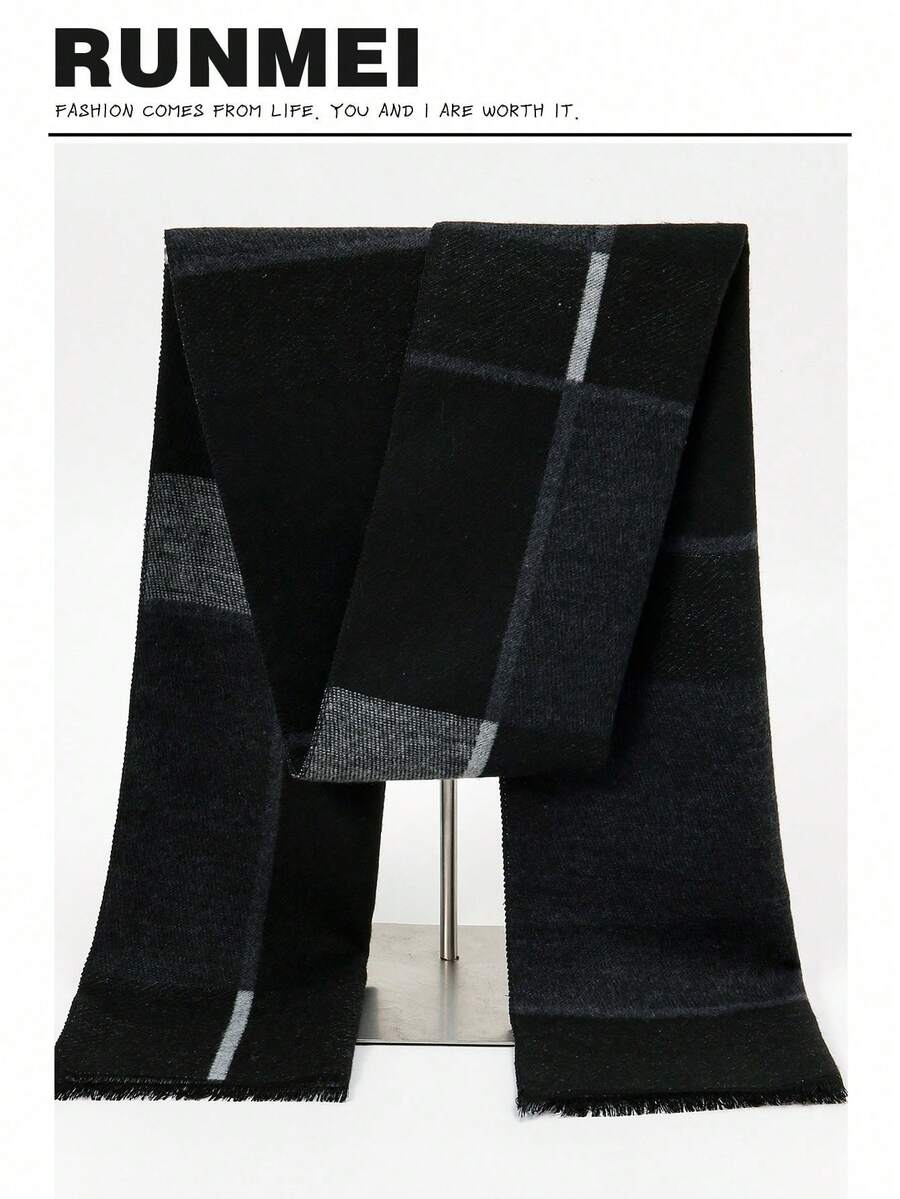 1 件男士绅士风 30*180cm 简约保暖围巾，适合商务、外出、日常搭配，秋冬 - 黑灰格子 - 查看 1