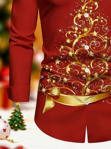 Christmas Theme Red Long Sleeve Shirt With Gold Luxury Christmas Tree Print, Collared Button-Up, Suitable For Christmas Party, Daily Casual Wear, Spring/Autumn - Red - View 4