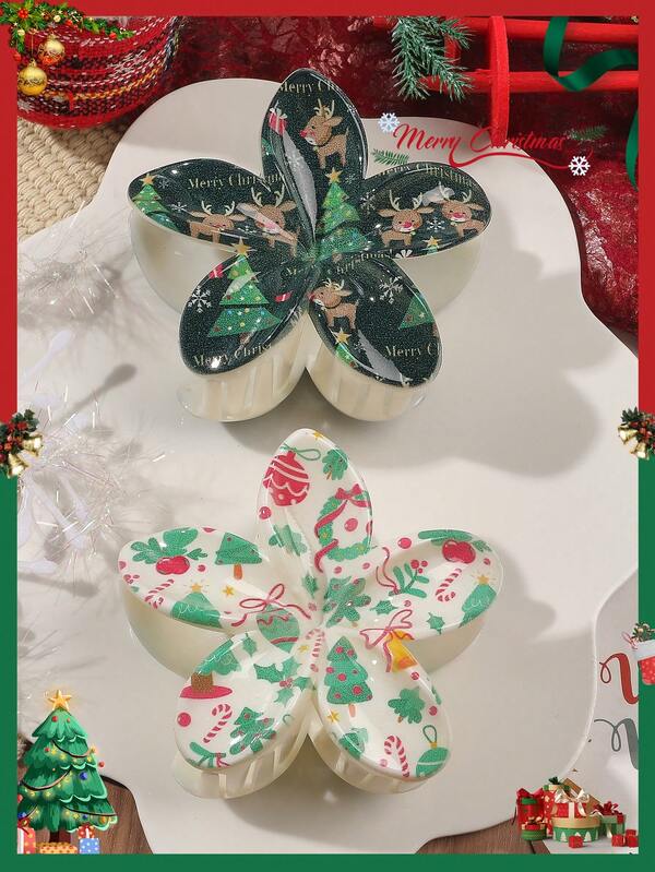 2 Stück/Set Weihnachtsparty Serie Rentier, Weihnachtsbaum, Glocke Muster Gänseblümchen, Feiertags Atmosphäre Festliche Haarschmuck Haarspange Winter Haarklammer Elegant