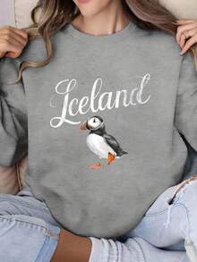 Sudadera con cuello redondo con estampado gráfico de frailecillo islandés, jersey casual de poliéster con estampado geométrico, para mujer, temporada otoño/invierno - Negro - Ver 4