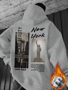 Zrgoth 男士秋冬休闲街头纽约地标图案连帽卫衣 - 灰色 - 查看 4