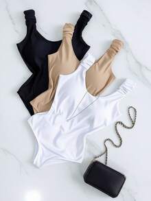 Kit 3 Basic Bodysuits With Thick Straps And Elastic With Discreet Neckline, Shapewear, Versatile Casual Fashion, Casual, Gringa Blogger - 黑色-白色-米色 - 查看 1