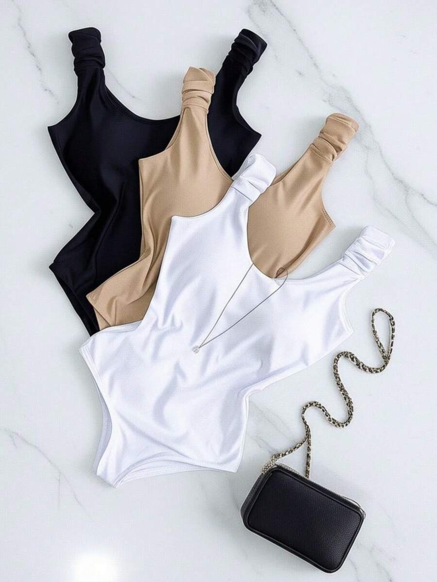Kit 3 Basic Bodysuits With Thick Straps And Elastic With Discreet Neckline, Shapewear, Versatile Casual Fashion, Casual, Gringa Blogger - 黑色-白色-米色 - 查看 1