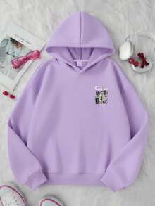 少女经典元素图案印花，灵感源自电影《卡罗琳》、纽扣眼角色、黑猫等，休闲连帽卫衣 - 淡紫色 - 查看 3