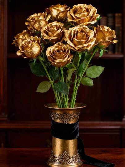 10 pezzi Rose artificiali dorate, fiori di seta finti con stelo lungo, fiori artificiali per San Valentino, rose di simulazione romantiche per decorazioni domestiche, matrimoni, bagni, feste (Oro)