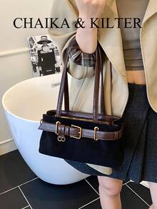 CHAIKA & KILTER 1 chiếc túi đeo vai bằng da PU trơn màu, túi đeo vai thời trang cổ điển có dây đeo trang trí, khóa kéo, quai xách đôi, thích hợp sử dụng hàng ngày - màu đen - Xem 6