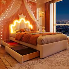 Polsterbett 90x200 cm in Weiß | Prinzessinnen-Kronenbett mit verstellbarem Kopfteil | Ferngesteuertes Ambientelicht & 2 Schubladen | PU-Material ohne Matratze