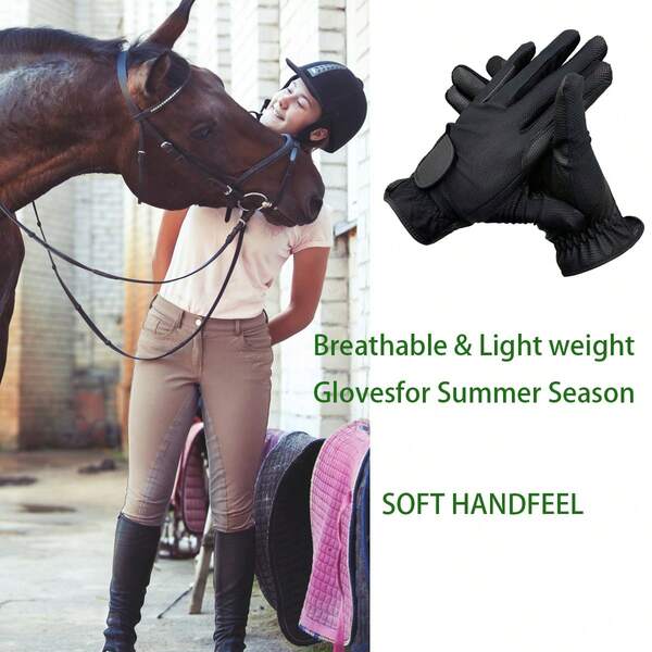 1 Pair High-End Quality PU Leather & Mesh Breathable Equestrian Gloves, Summer