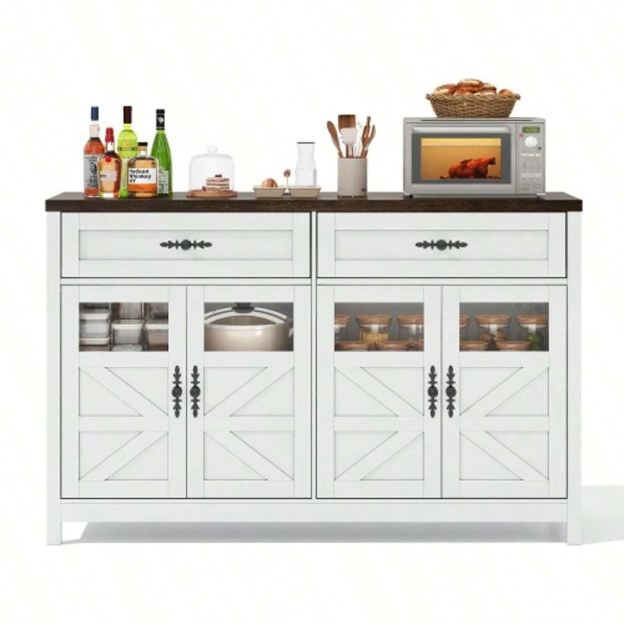 Credenza da pranzo con spazio di archiviazione, buffet lungo 140 cm con 4 ante e 2 cassetti grandi, credenza da pranzo con bancone bar in stile contemporaneo, bianco