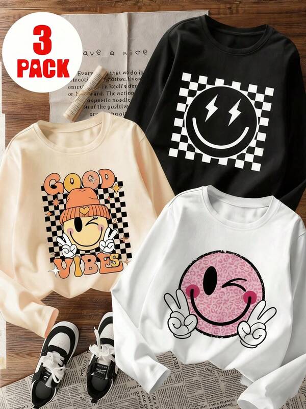 3pcs Tween Girls Printed Long Sleeve T-Shirts, Suitable For Tween GirlsAutumn/Winter Tops, Young Student Clothing, Suitable For Outerwear And Layering