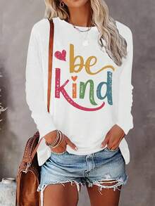 2025 Women's 'Be Kind' Pattern Printed Long Sleeve T-Shirt - Colorful Letter Round Neck Casual Top, Suitable For Spring And Autumn, Machine Washable Regular Fit, Comfortable Style, Fashionable Design, Durable Printed Shirt, Adult Wear Soft And Breathable - trắng - Xem 6