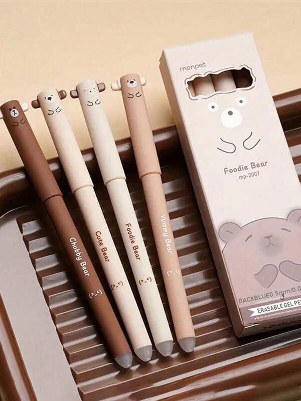 Conjunto de 4 Canetas Apagáveis Pequenas em Formato de Urso, Canetas Neutras em Formato de Urso com Cor de Café, Canetas Apagáveis a Quente em Formato de Desenho Animado, Ideais para Material Escolar e de Escritório, Páscoa, Presentes de Aniversário e Materiais Escolares, Materiais Escolares Essenciais, Materiais para Volta às Aulas, Halloween e Natal.