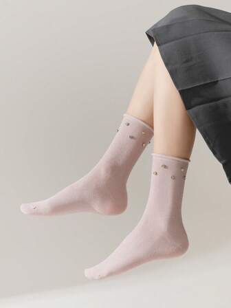 1 Pair Women's Rolled Edge Rhinestone Socks, Creative Shiny Silver Thread Sweet Girl JK Style Socks, Ins School Girl Vibe Mid-Calf Socks, Daily Wear