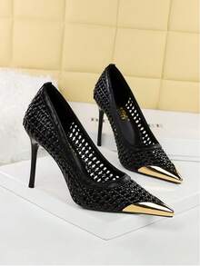 法式优雅高跟鞋，百搭低帮镂空编织细高跟金属尖头女式礼服鞋 - 黑色 - 查看 3