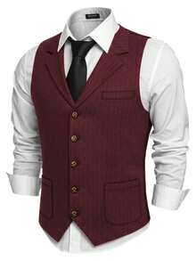 Retro Men's Western Cowboy Suit Vest Slim Fit V Neck Suede Leather Dress Vests Vintage Prom Wedding Casual Waistcoat - 酒紅色 - 查看 1