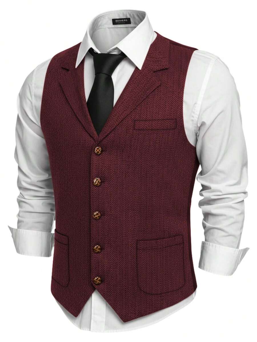 Retro Men's Western Cowboy Suit Vest Slim Fit V Neck Suede Leather Dress Vests Vintage Prom Wedding Casual Waistcoat - 酒紅色 - 查看 1