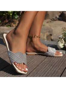 Las mujeres sandalias planas ondulación zapatos de diamantes de imitación Europa y los Estados Unidos de alto nivel de la moda flash de diamantes sandalias planas zapatillas - Blanco - Ver 5