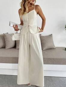 Set de 2 piezas Mono sin mangas de lino blanco y pantalones palazzo - Caqui - Ver 8