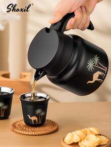 shoxil 1个800毫升黑色咖啡壶，骆驼椰树图案保温壶，保温茶壶，水壶，中东风格茶壶，80毫升茶杯，咖啡杯，水杯，双层保温杯，适用于家庭、咖啡店、斋月 - 黑色 - 查看 4