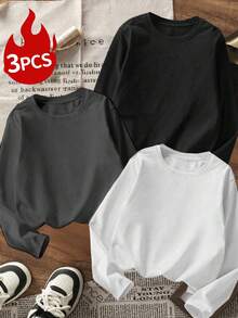 3pcs,Women's Autumn And Winter Solid Color Round Neck Long Sleeved T Shirt ,Casual Loose And Versatile Holiday Style Tops,Fashionable Fall Women Clothes Suitable For Daily Wear